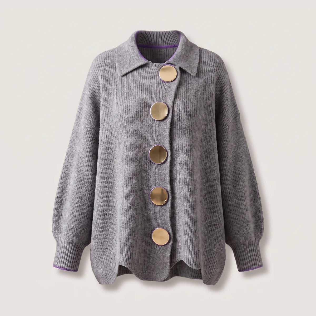 Grey marled knit cardigan with contrast purple trim at the collar and cuffs, oversized gold buttons, front view