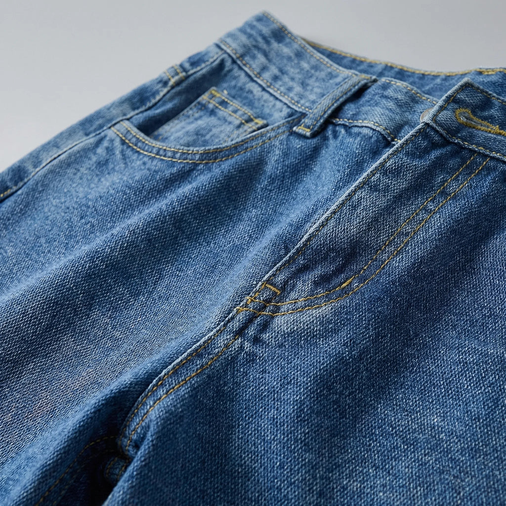 Close-up of the denim fabric showing the belt loop, coin pocket and contrast topstitching detail