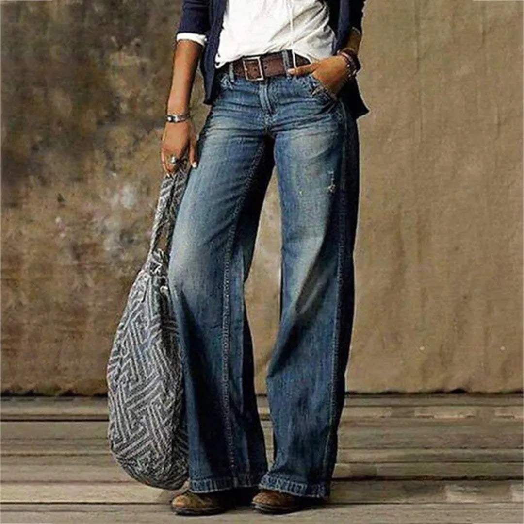 Close-up of light blue wide-leg jeans showing whiskering and fading detail across the thigh