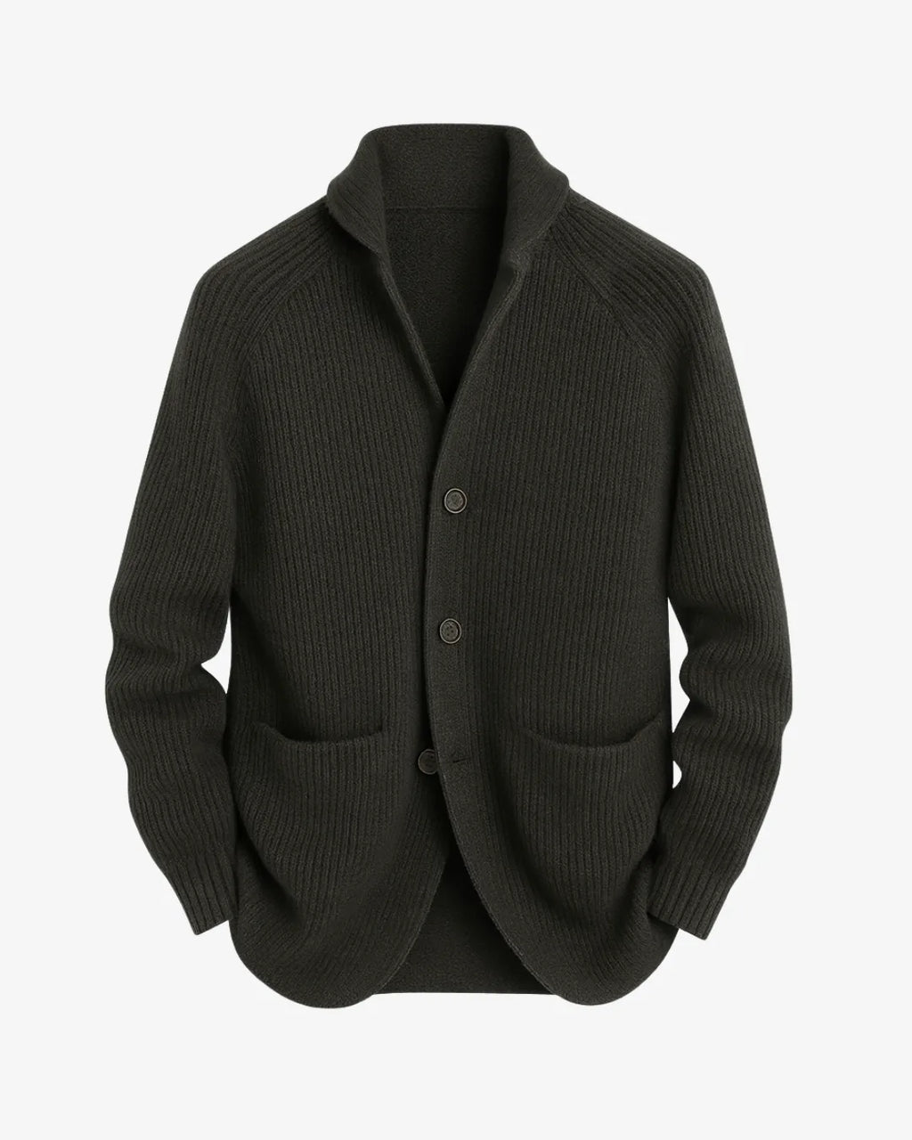 Olive green ribbed knit cardigan with notch lapel, three buttons and patch pockets, laid flat