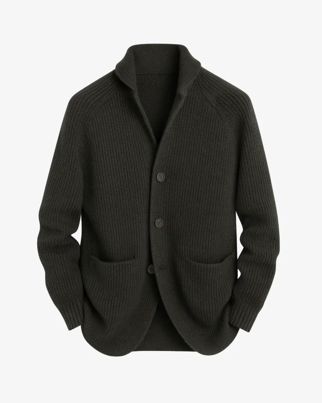 Olive green ribbed knit cardigan with notch lapel, three buttons and patch pockets, laid flat