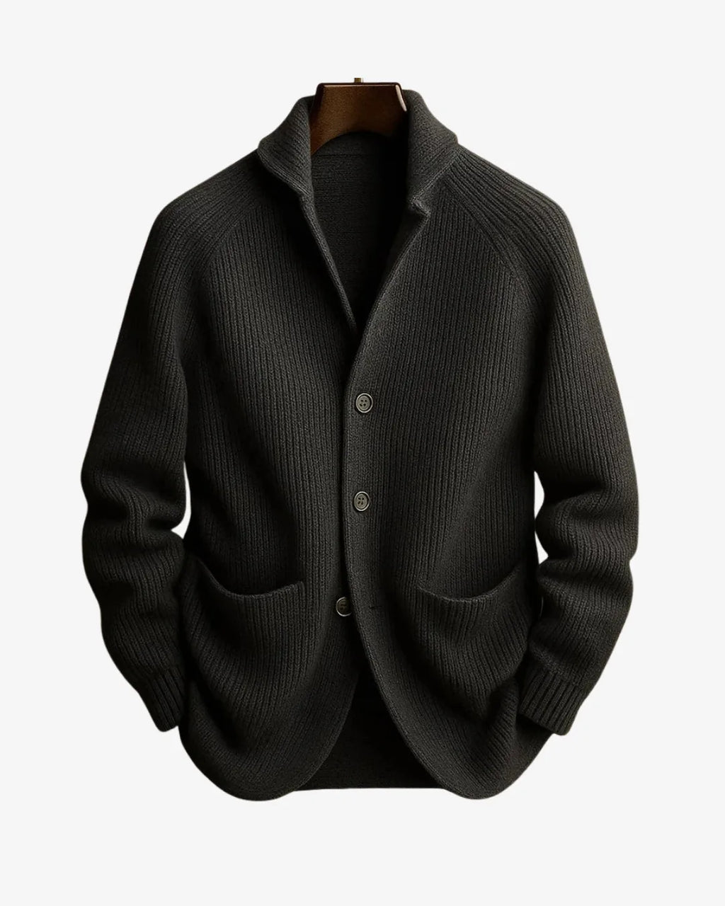 Dark olive ribbed knit blazer-style cardigan shown on a hanger against a plain background