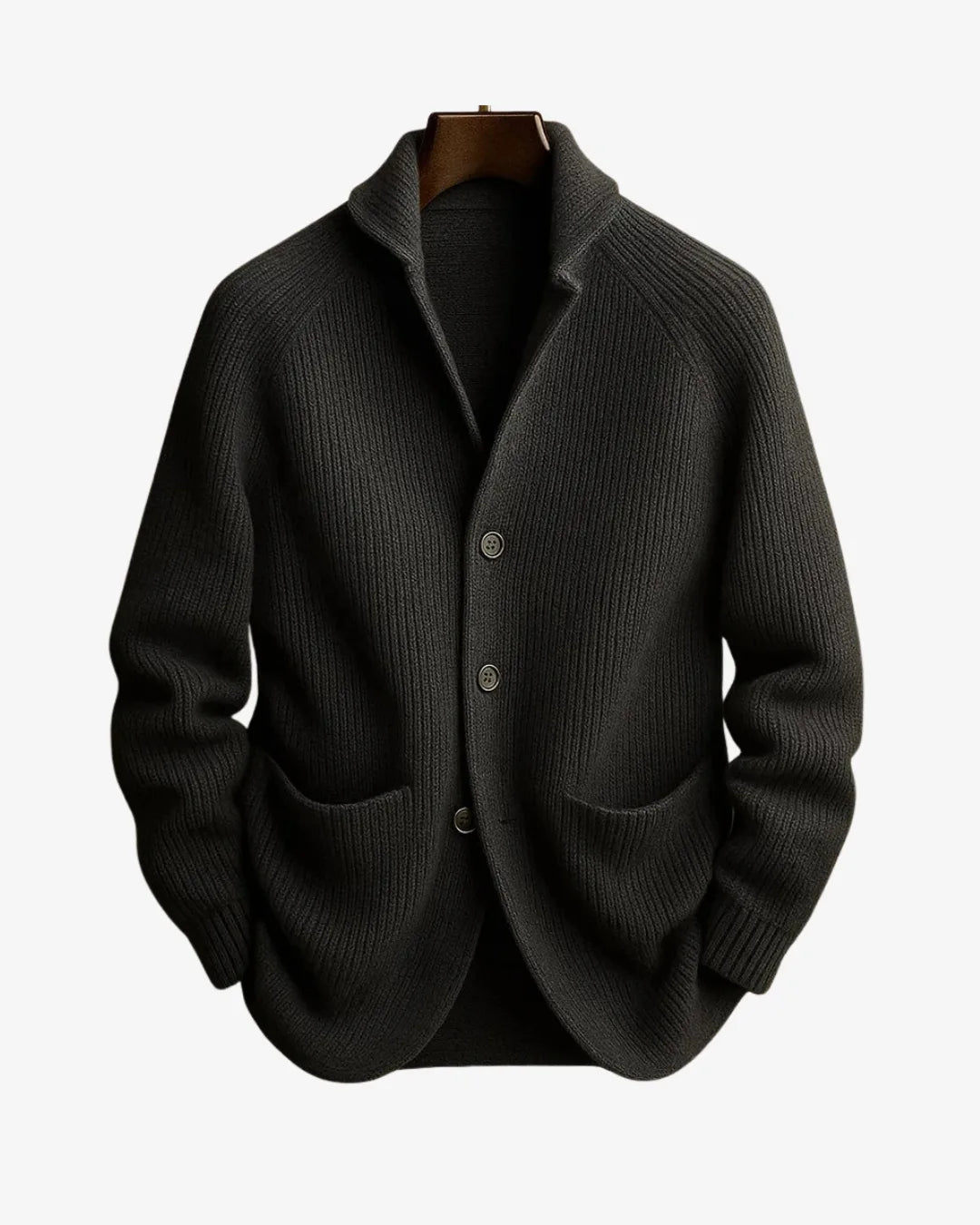 Dark olive ribbed knit blazer-style cardigan shown on a hanger against a plain background