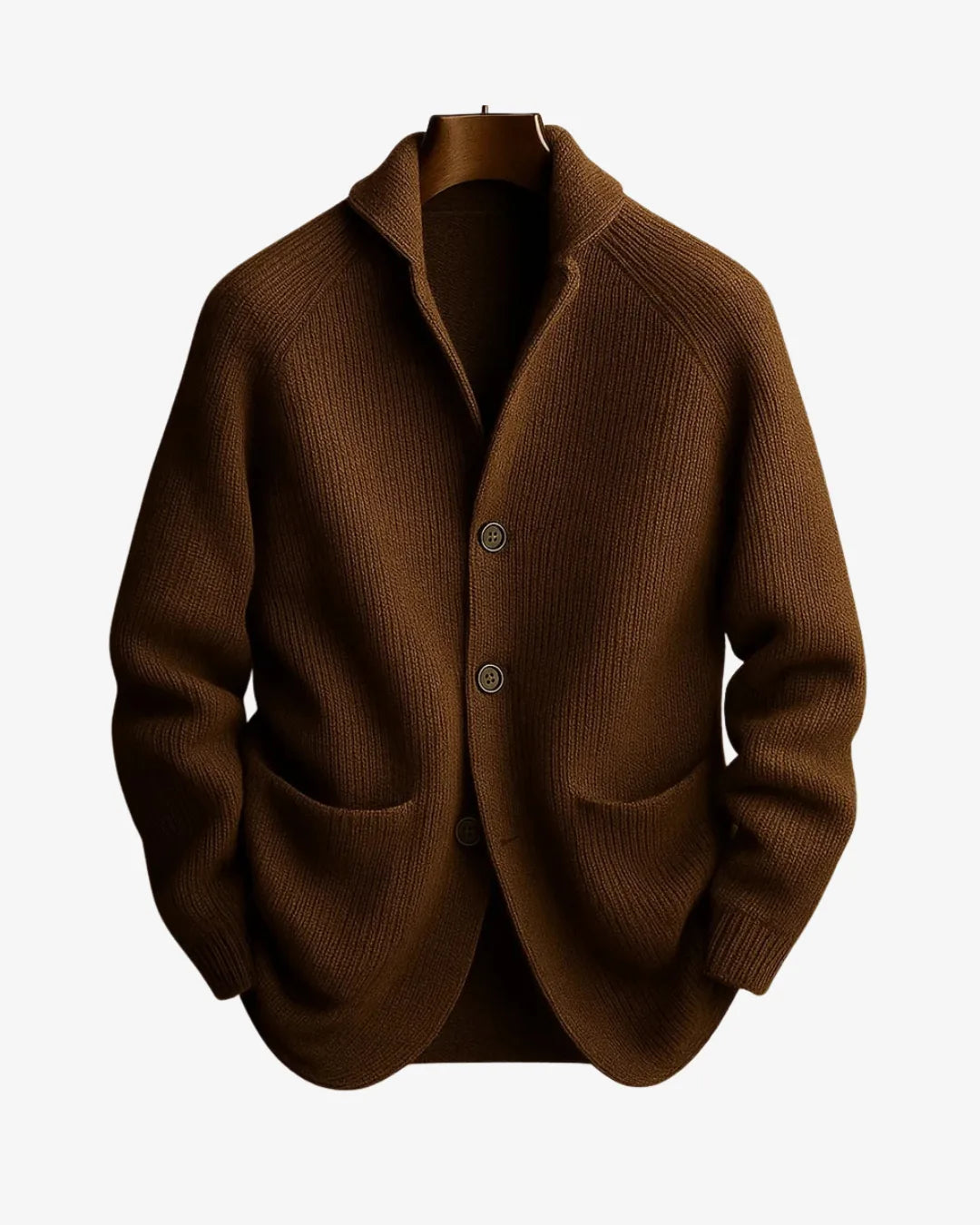 Brown ribbed knit cardigan with notch collar and patch pockets displayed on a wooden hanger