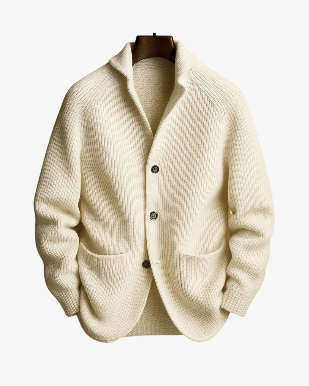 Ivory ribbed knit tailored cardigan with button front and patch pockets on a wooden hanger