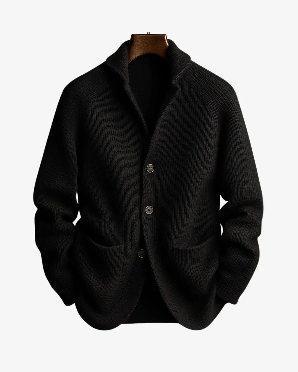 Black ribbed knit cardigan with notch lapel, three-button placket and patch pockets on a hanger
