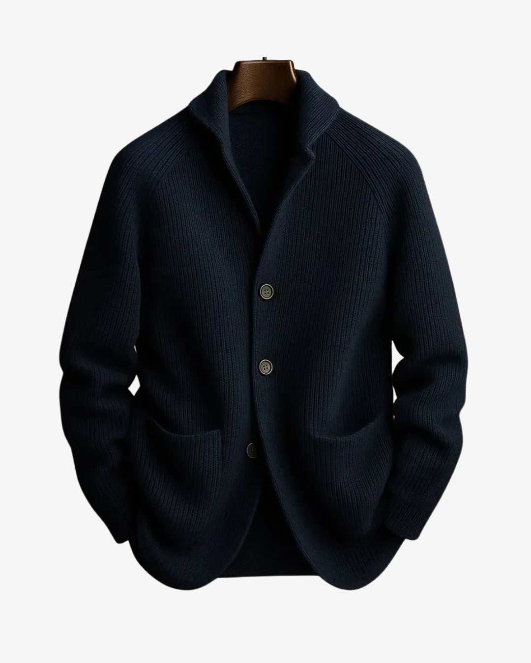 Navy ribbed knit tailored cardigan with notch collar and buttoned front on a wooden hanger