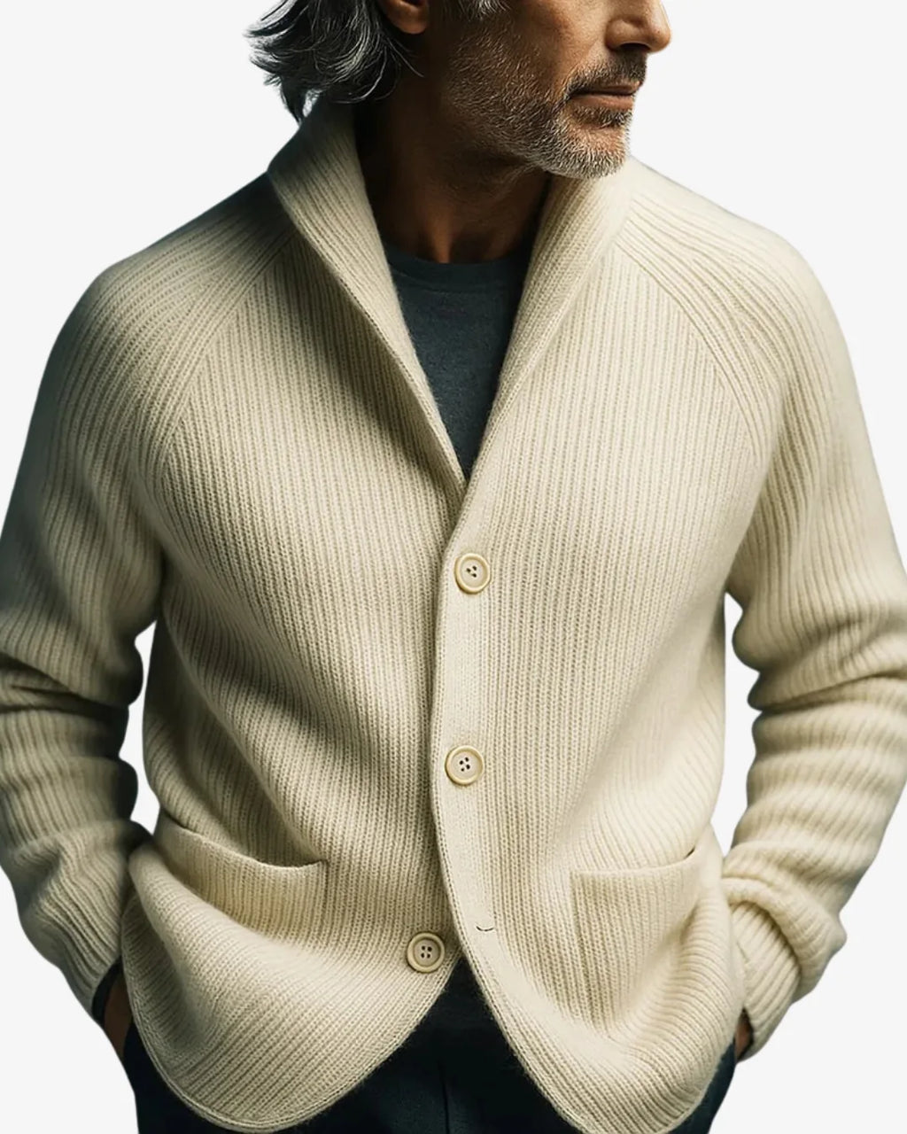 Front view of the terracotta ribbed knit cardigan buttoned, highlighting the tailored notch lapel