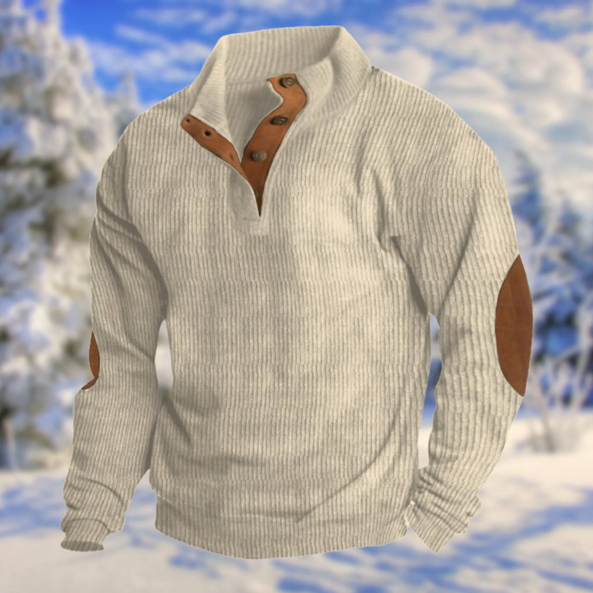 Beige ribbed knit quarter-zip jumper with tan leather button placket and contrast elbow patches, front view