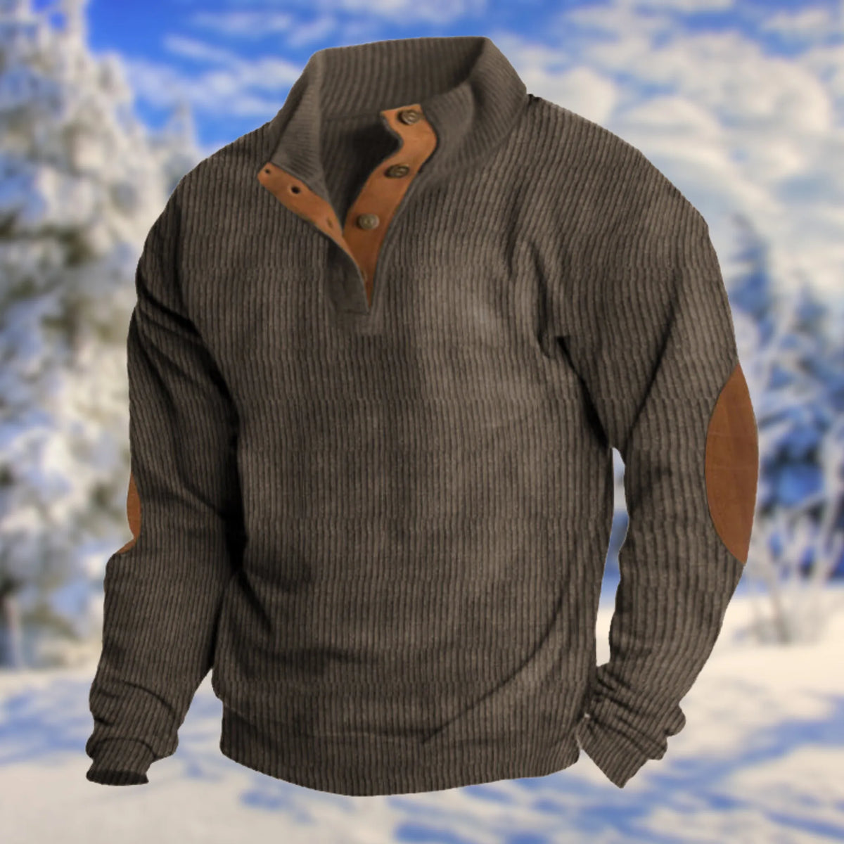 Charcoal grey ribbed knit jumper with tan leather placket, stand collar and contrast elbow patches
