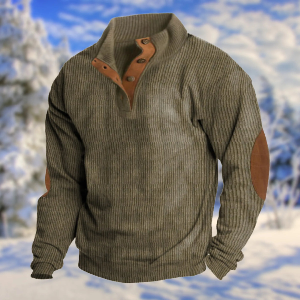 Olive green ribbed knit jumper featuring a buttoned stand collar and tan suede elbow patches