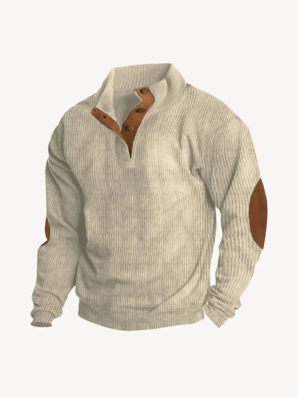 Beige ribbed quarter-zip jumper with tan leather button placket and suede elbow patches, front view