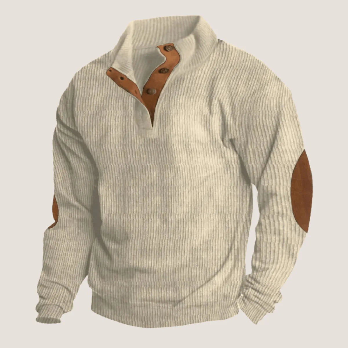 Side angle of beige corduroy-knit quarter-zip jumper showing mock collar and suede elbow patch