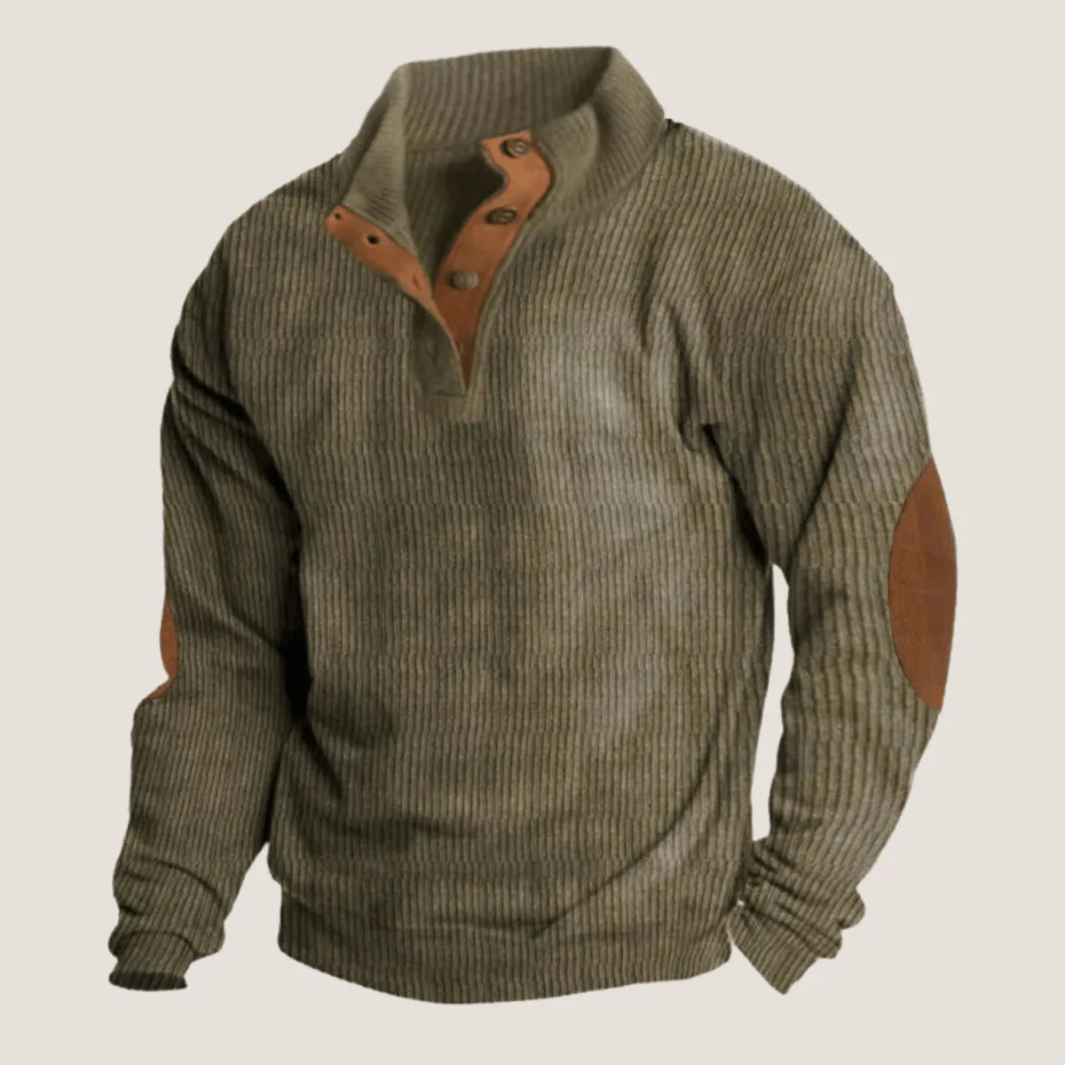 Olive green ribbed quarter-zip jumper with tan button placket and suede elbow patches, angled view