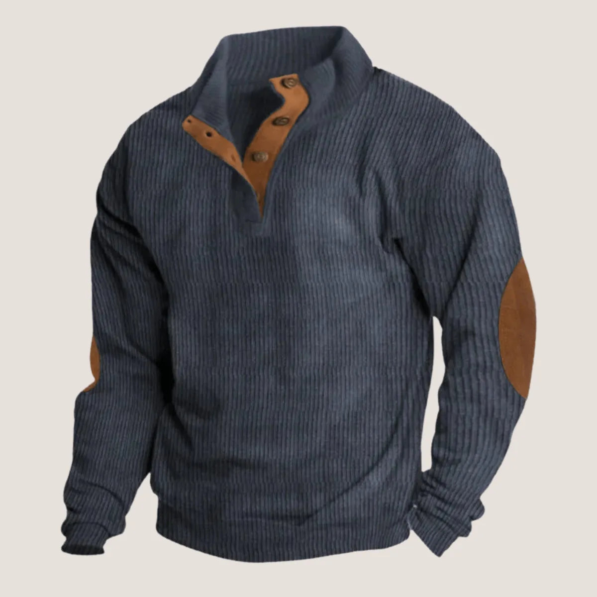 Dark blue ribbed knit quarter-zip jumper with tan leather trim and suede elbow patches