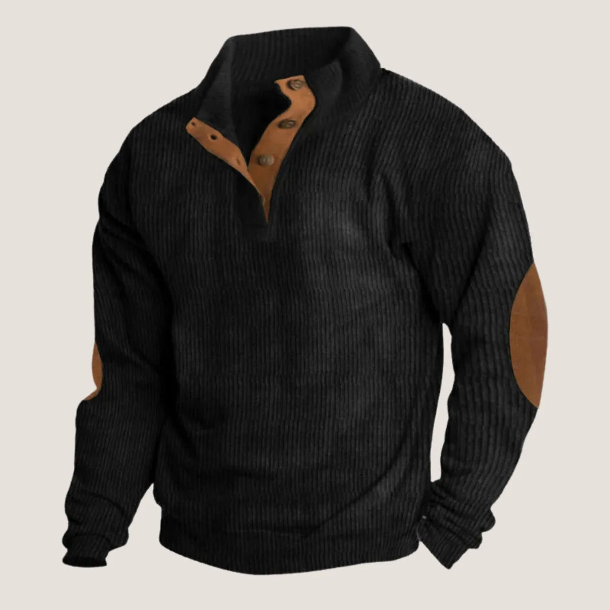 Black ribbed quarter-zip jumper with tan button placket and suede elbow patch detail on sleeve