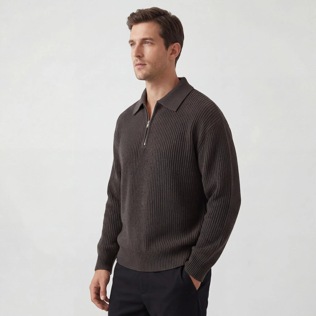 Close-up side angle of a man in a dark brown ribbed knit polo jumper highlighting the knit texture