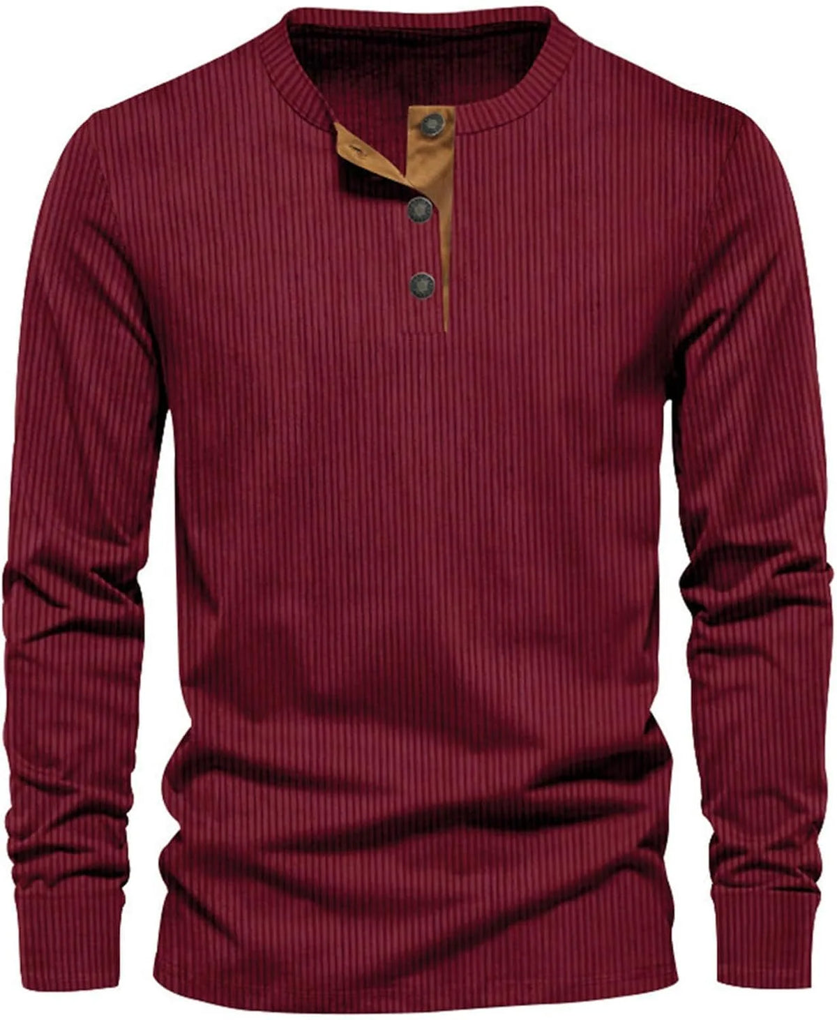 Dark red ribbed long-sleeve henley top with tan button placket and crew neckline, front view