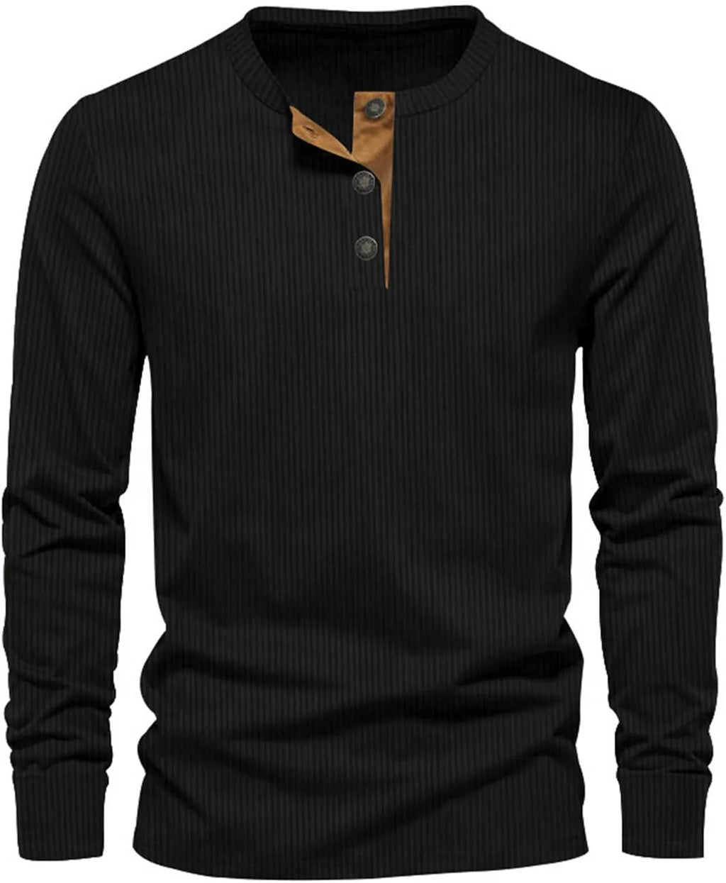 Black ribbed henley t-shirt with contrast tan placket and dark buttons, laid flat front view