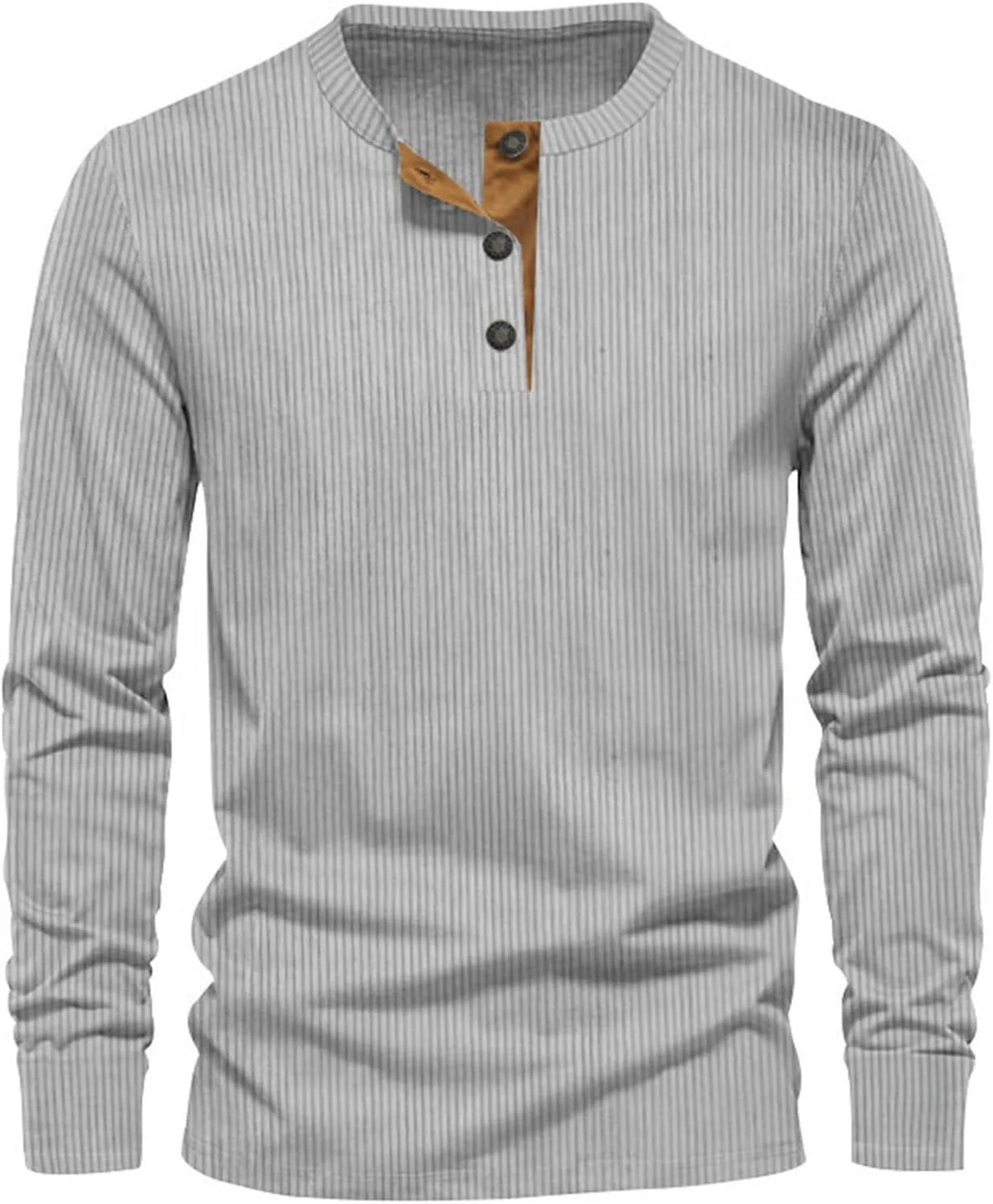 Light grey ribbed long-sleeve henley top with tan button trim at the neckline