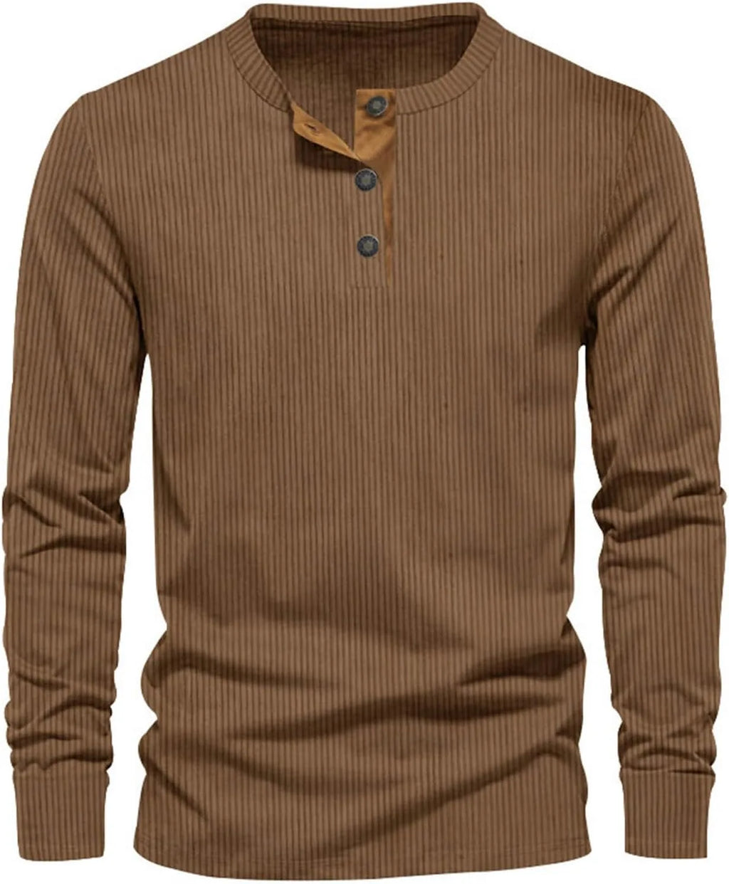 Brown ribbed henley shirt with tan placket detail and long sleeves, front facing view