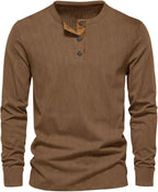 Brown ribbed henley shirt with tan placket detail and long sleeves, front facing view