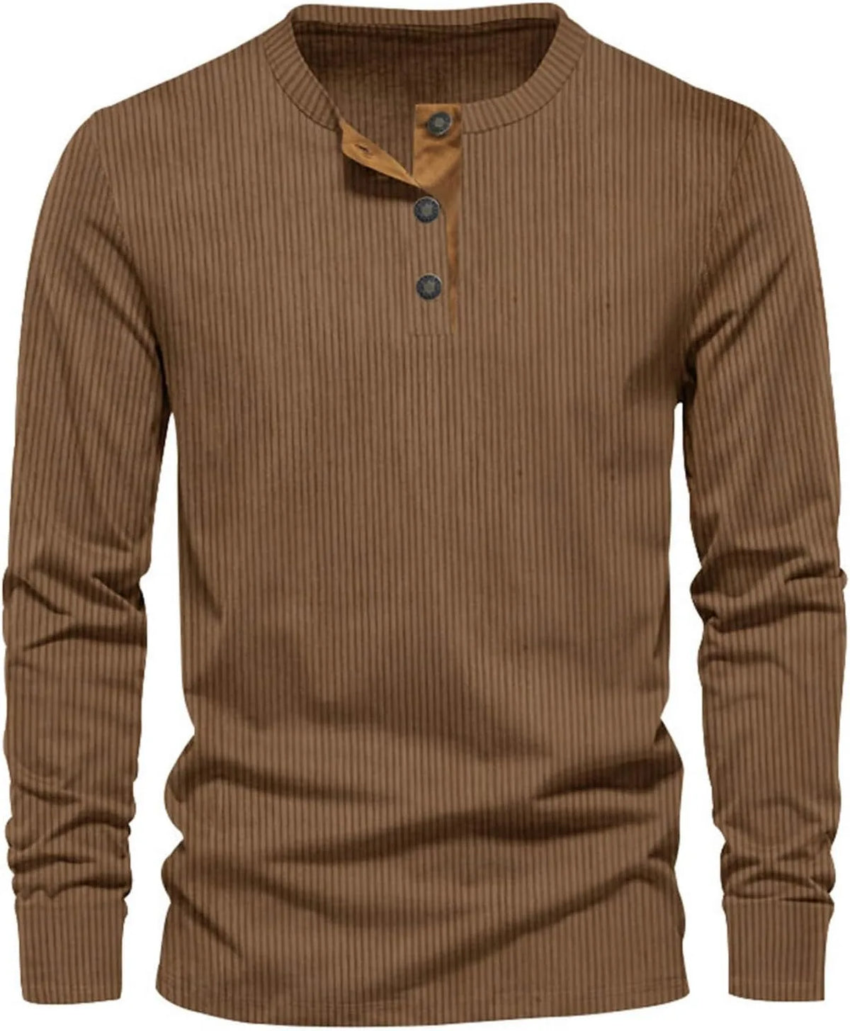Brown ribbed henley shirt with tan placket detail and long sleeves, front facing view