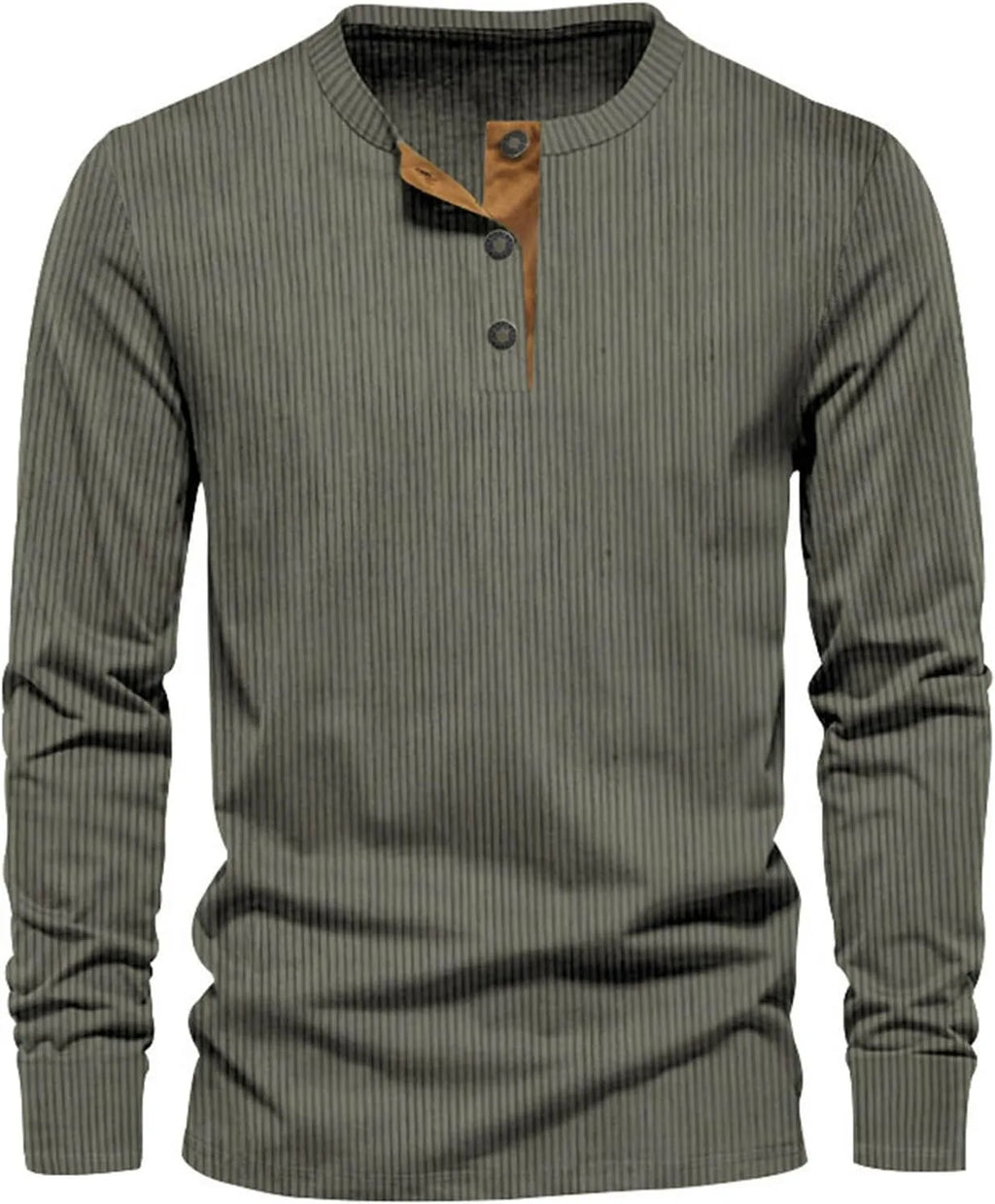 Dark green ribbed long-sleeve henley top with tan button placket, front view on plain background