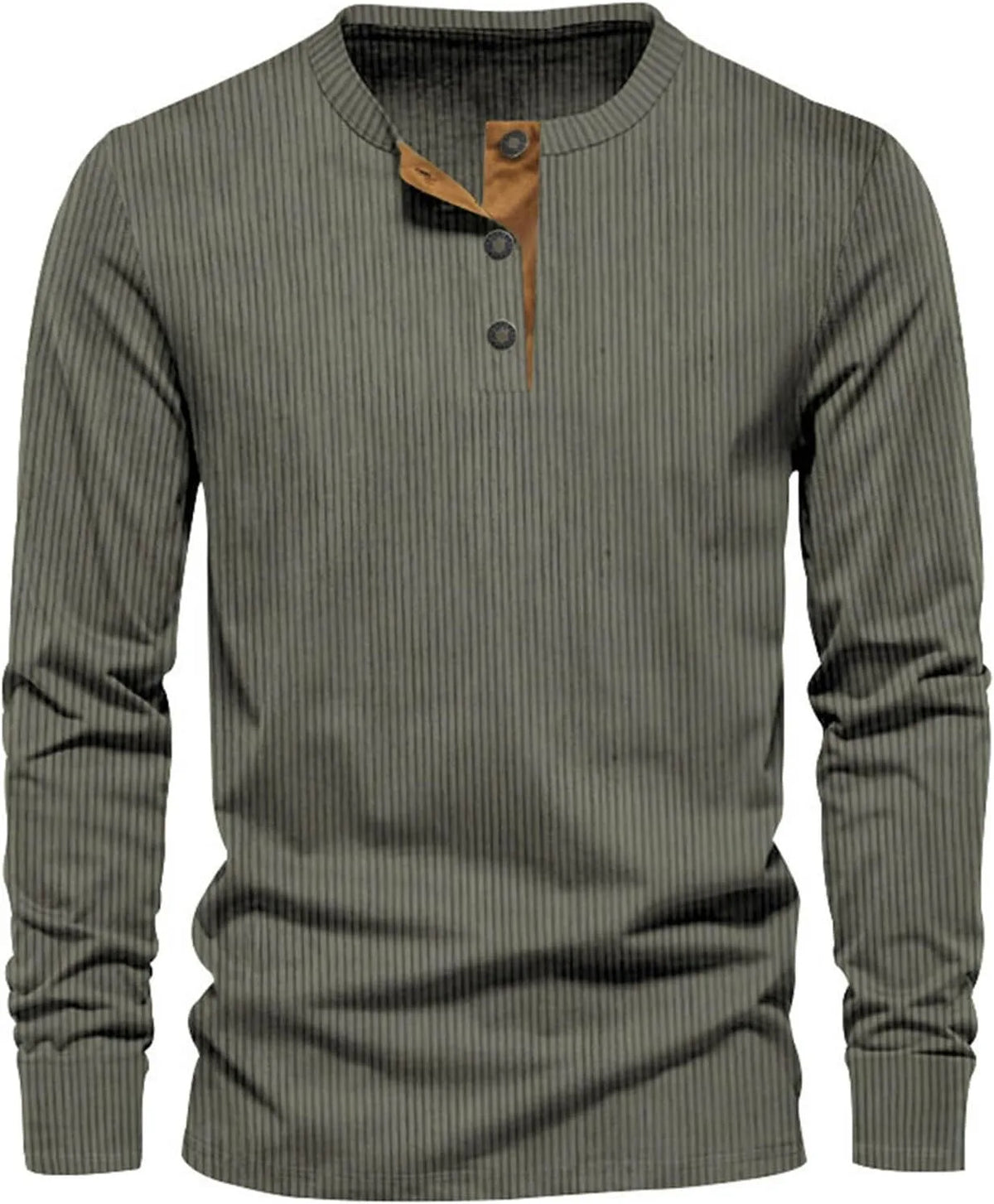 Dark green ribbed long-sleeve henley top with tan button placket, front view on plain background