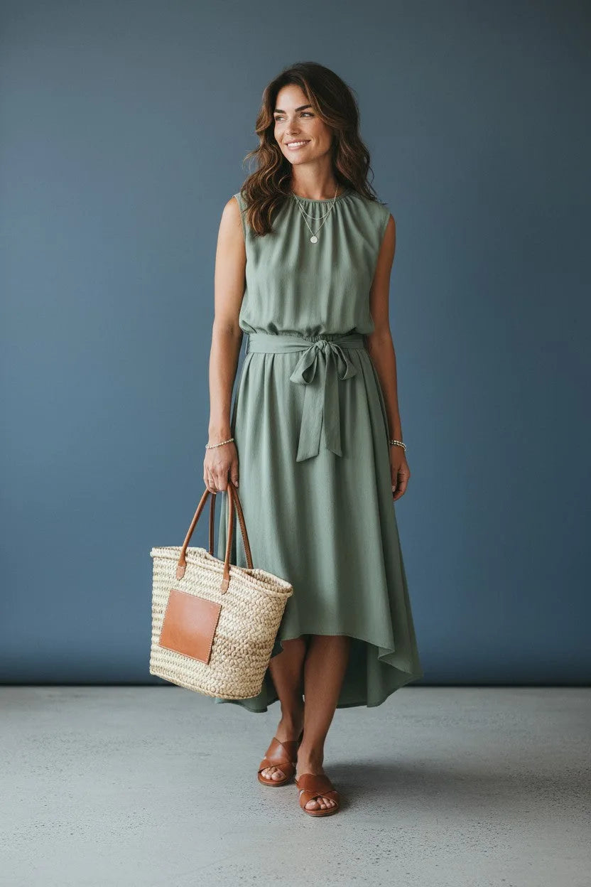 Woman standing in a sage green sleeveless midi dress with gathered neckline and tie waist, holding a woven tote bag.