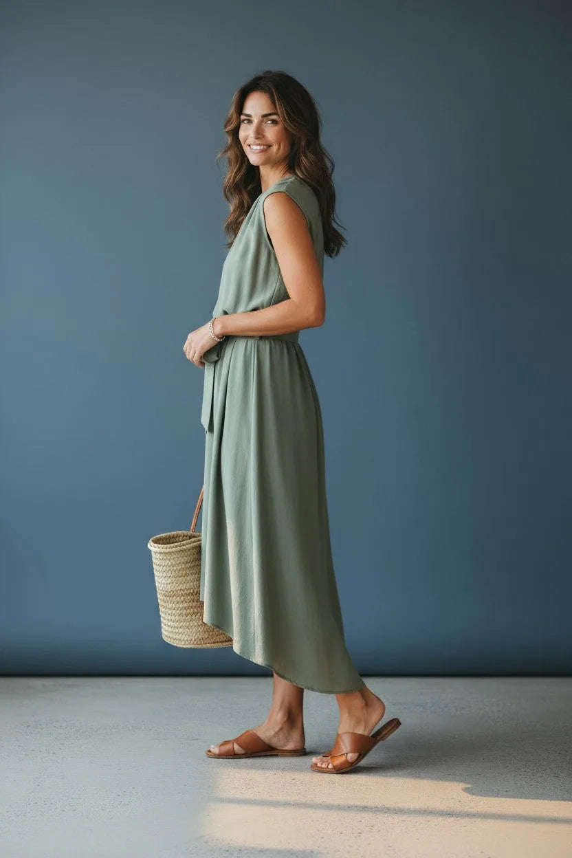 Side profile view of the sage green tie-waist dress showing the high-low asymmetric hem and flowing skirt movement.
