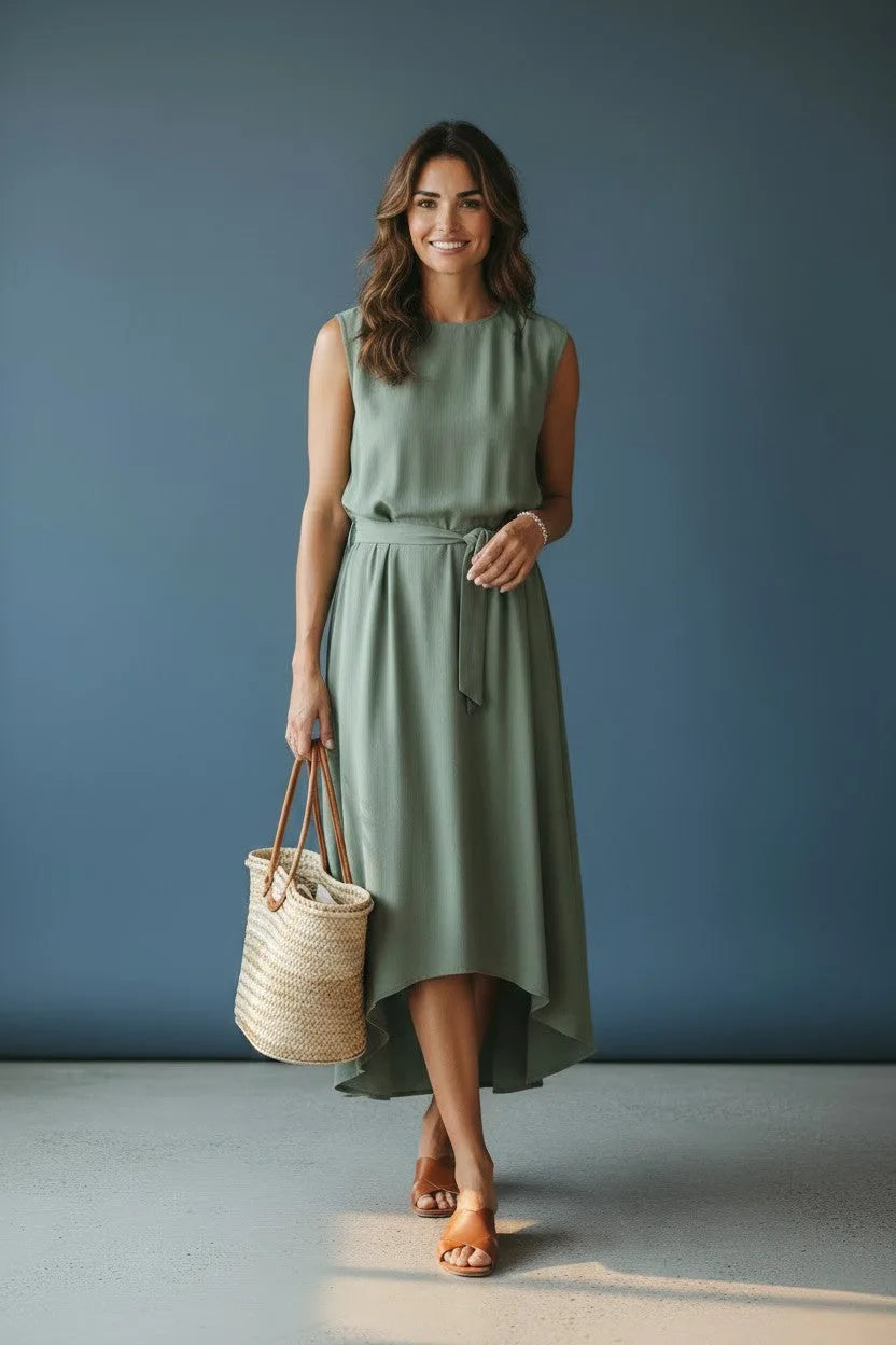 Front view of the sage green midi dress paired with tan slide sandals and a straw tote, standing against a blue backdrop.