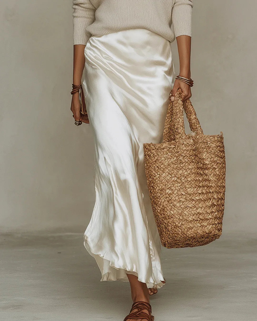 Full-length side view of the ivory satin slip dress falling to ankle length, styled with strappy sandals and a straw tote