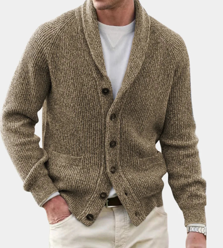 Khaki brown marl shawl-collar cardigan with ribbed knit texture and button placket, worn with cream trousers