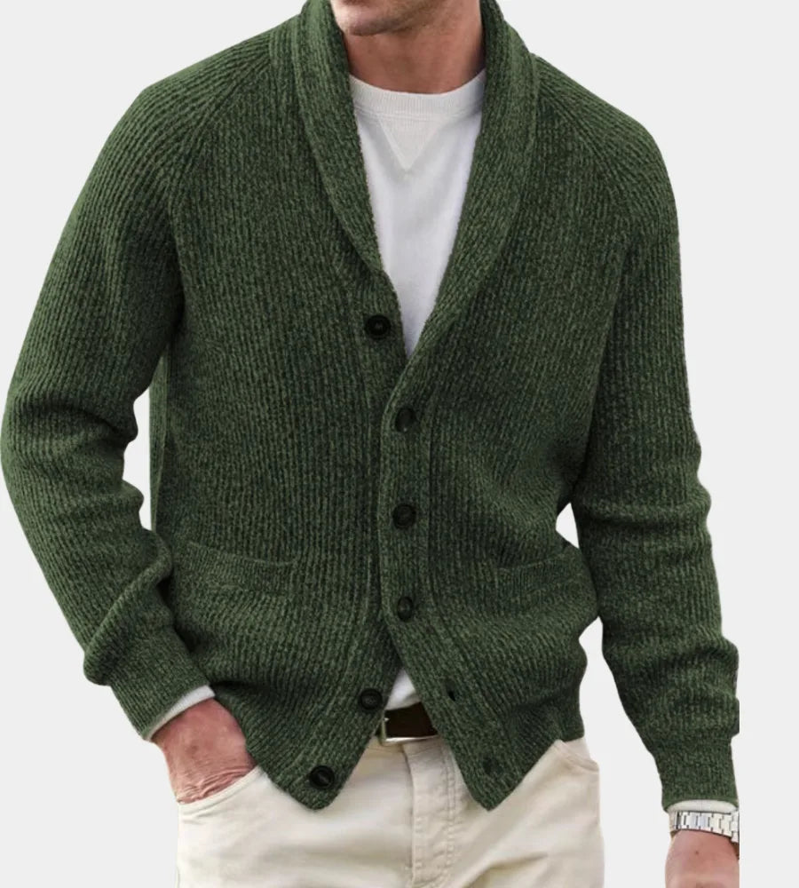 Army green ribbed knit shawl-collar cardigan with front button fastening and patch pockets, front view