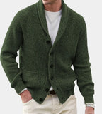 Army green ribbed knit shawl-collar cardigan with front button fastening and patch pockets, front view