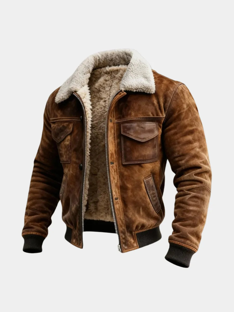Front view of a brown suede men's jacket with cream shearling collar, zip-front fastening and flap chest pockets