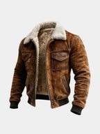 Front view of a brown suede men's jacket with cream shearling collar, zip-front fastening and flap chest pockets