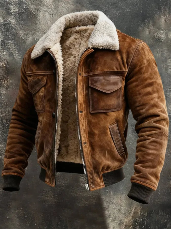 Three-quarter shot of the open brown suede jacket showing the thick cream faux shearling lining throughout the body