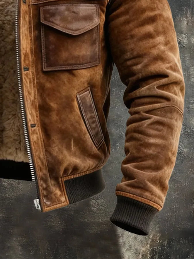 Detail shot of the sleeve cuff, zip pull and lower pocket showing the suede texture and ribbed hem