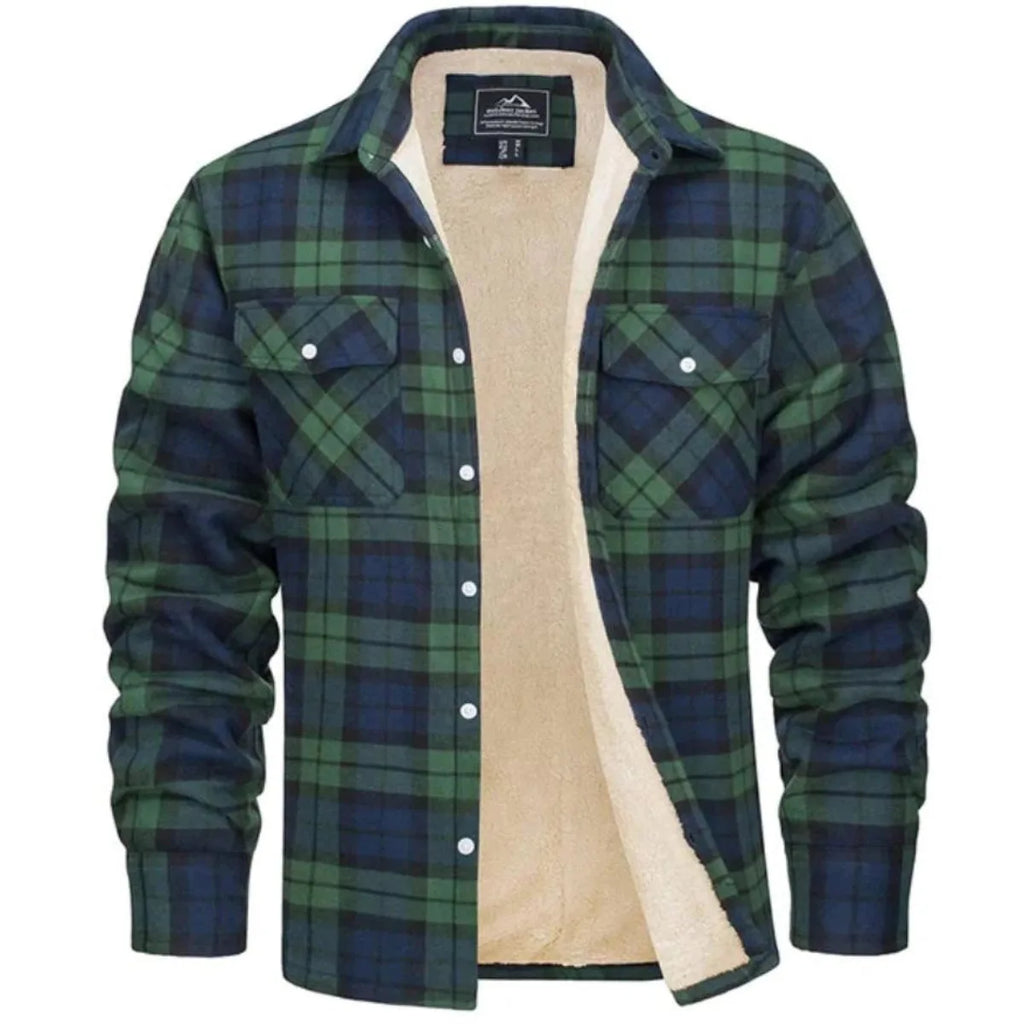 Front view of a green and navy checked flannel jacket, unbuttoned to show the cream sherpa fleece lining
