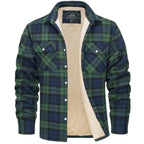 Front view of a green and navy checked flannel jacket, unbuttoned to show the cream sherpa fleece lining
