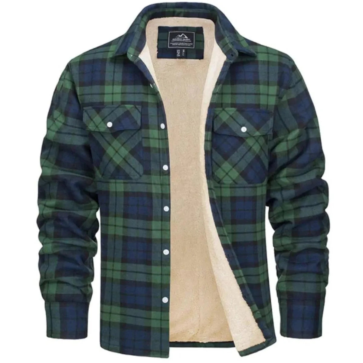 Front view of a green and navy checked flannel jacket, unbuttoned to show the cream sherpa fleece lining