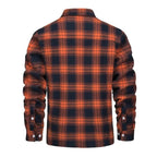 Back view of an orange and navy checked flannel shirt jacket with long sleeves