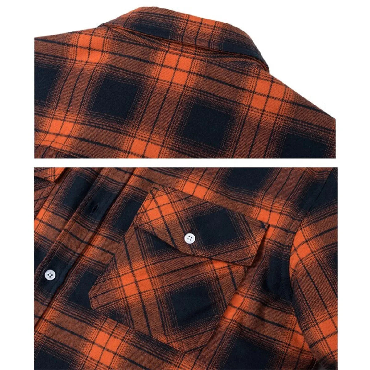 Close-up of the collar and chest pocket detail on an orange and navy checked flannel jacket