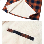 Close-up of the cream sherpa fleece lining and inner fabric strip inside the checked jacket