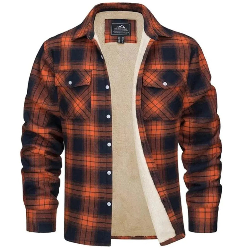 Front view of an orange and navy checked flannel jacket fully open, revealing the thick fleece lining