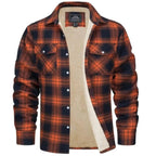 Front view of an orange and navy checked flannel jacket fully open, revealing the thick fleece lining