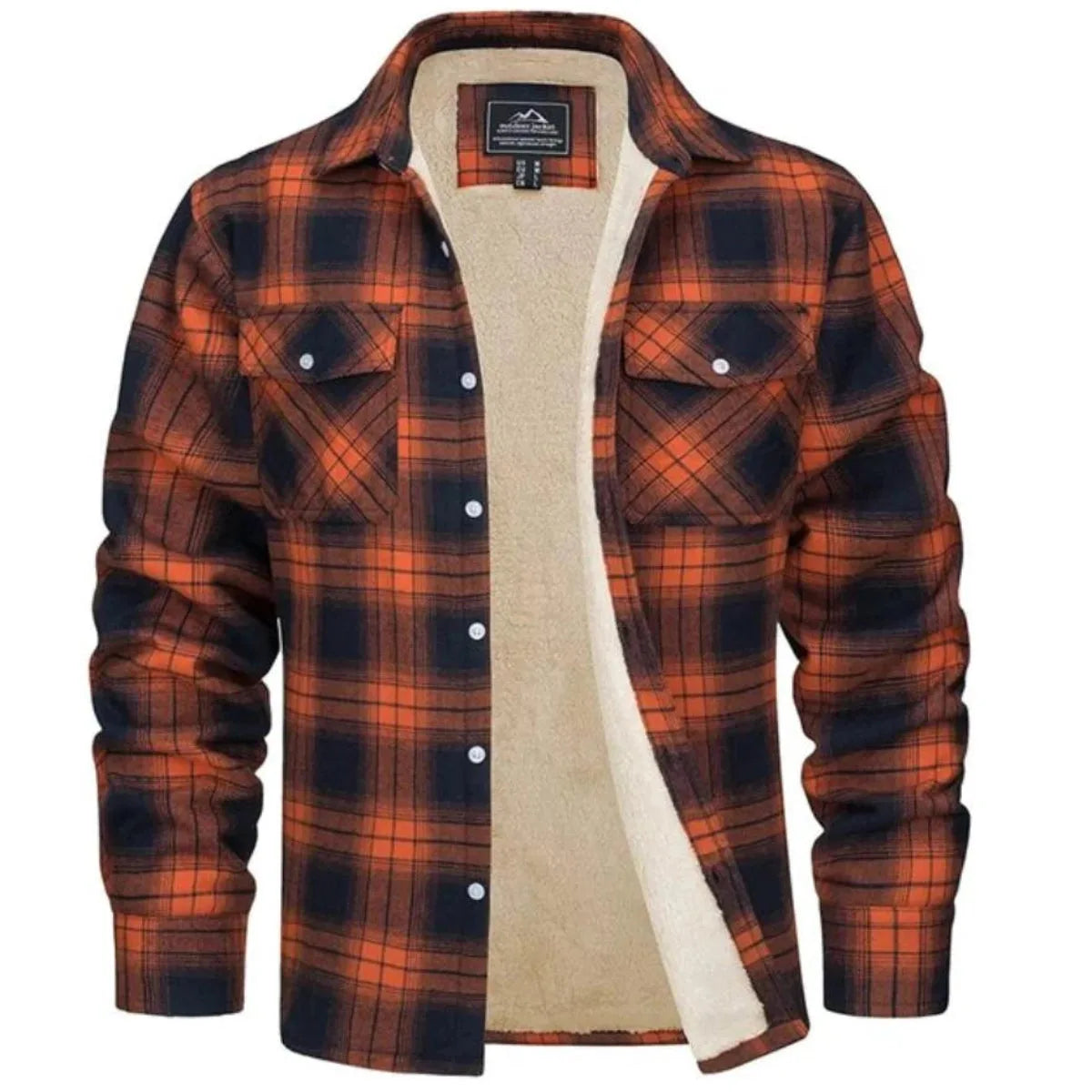 Front view of an orange and navy checked flannel jacket fully open, revealing the thick fleece lining