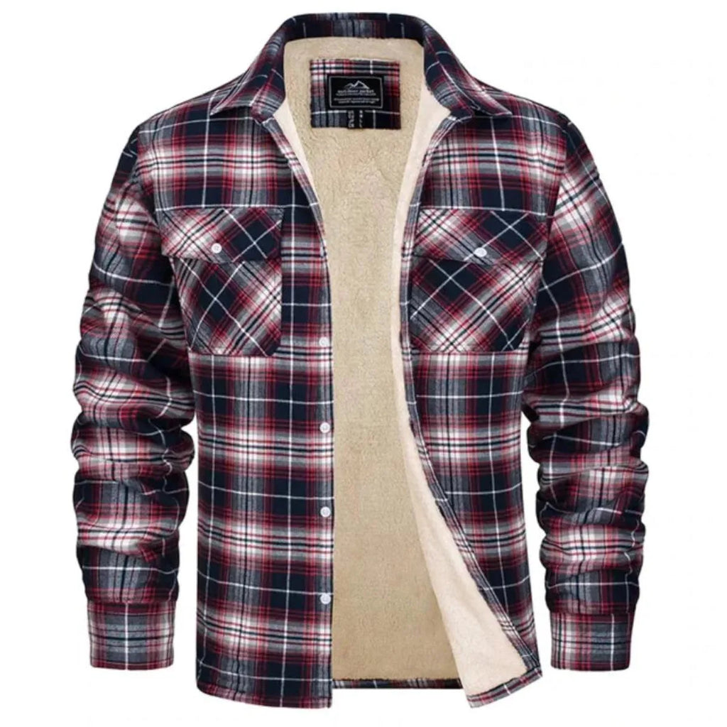 Front view of a red, navy and white checked flannel jacket, unbuttoned to show the fleece lining